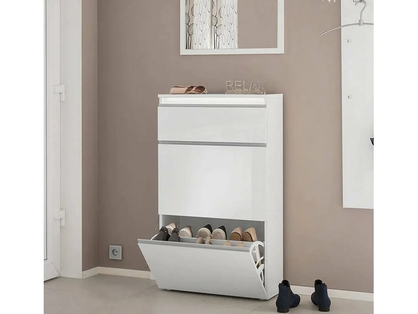 Sapateira Dlogarz, Armário multiuso com 2 portas e 1 porta basculante, Sapateira de entrada, 100% Fabricado na Itália, 60x27h108 cm, Branco brilhante
