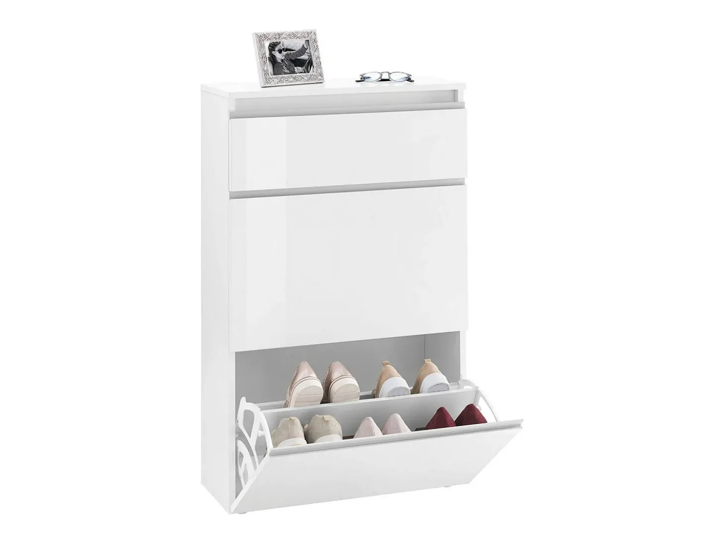Sapateira Dlogarz, Armário multiuso com 2 portas e 1 porta basculante, Sapateira de entrada, 100% Fabricado na Itália, 60x27h108 cm, Branco brilhante