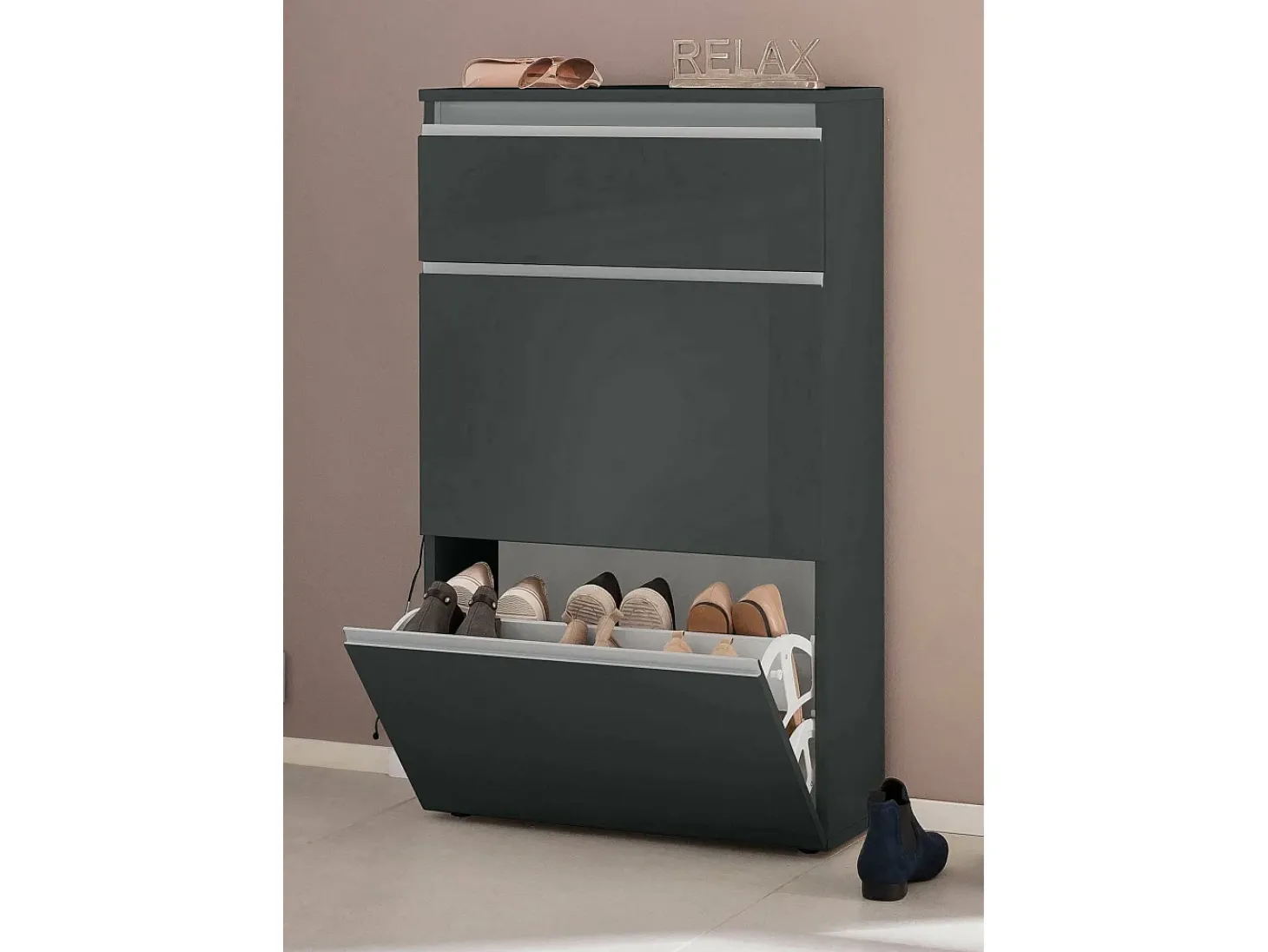 Sapateira Dlogarz, Armário multiuso com 2 portas e 1 porta basculante, Sapateira de entrada, 100% Fabricado na Itália, 60x27h108 cm, Antracite brilhante