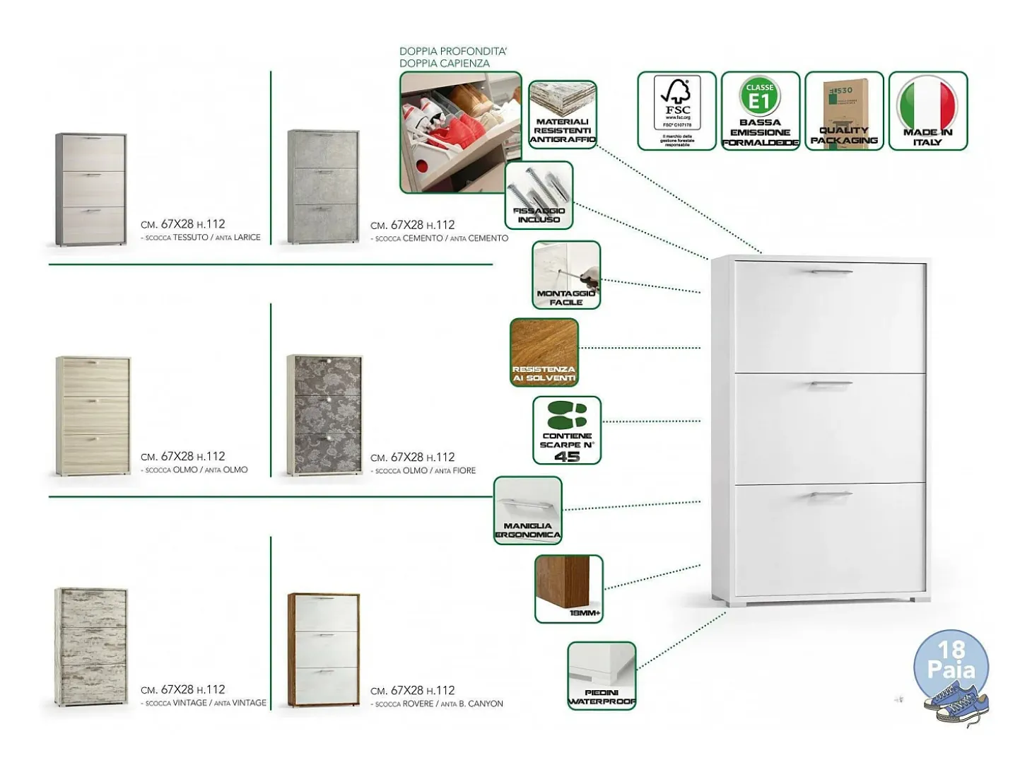 Sapateira Dlos, Móvel de entrada multiuso com 3 portas sanfonadas, Sapateira de dupla profundidade, 100% Fabricado na Itália, 67x28h112 cm, Cimento