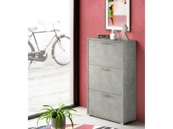 Sapateira Dlos, Móvel de entrada multiuso com 3 portas sanfonadas, Sapateira de dupla profundidade, 100% Fabricado na Itália, 67x28h112 cm, Cimento
