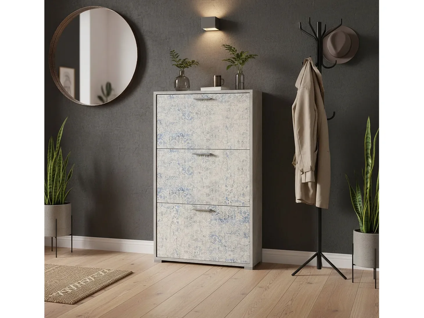 Sapateira Dlos, móvel de entrada multiuso com 3 portas sanfonadas, sapateira de dupla profundidade, 100% Fabricado na Itália, 67x28h112 cm, Cimento e Azul Claro