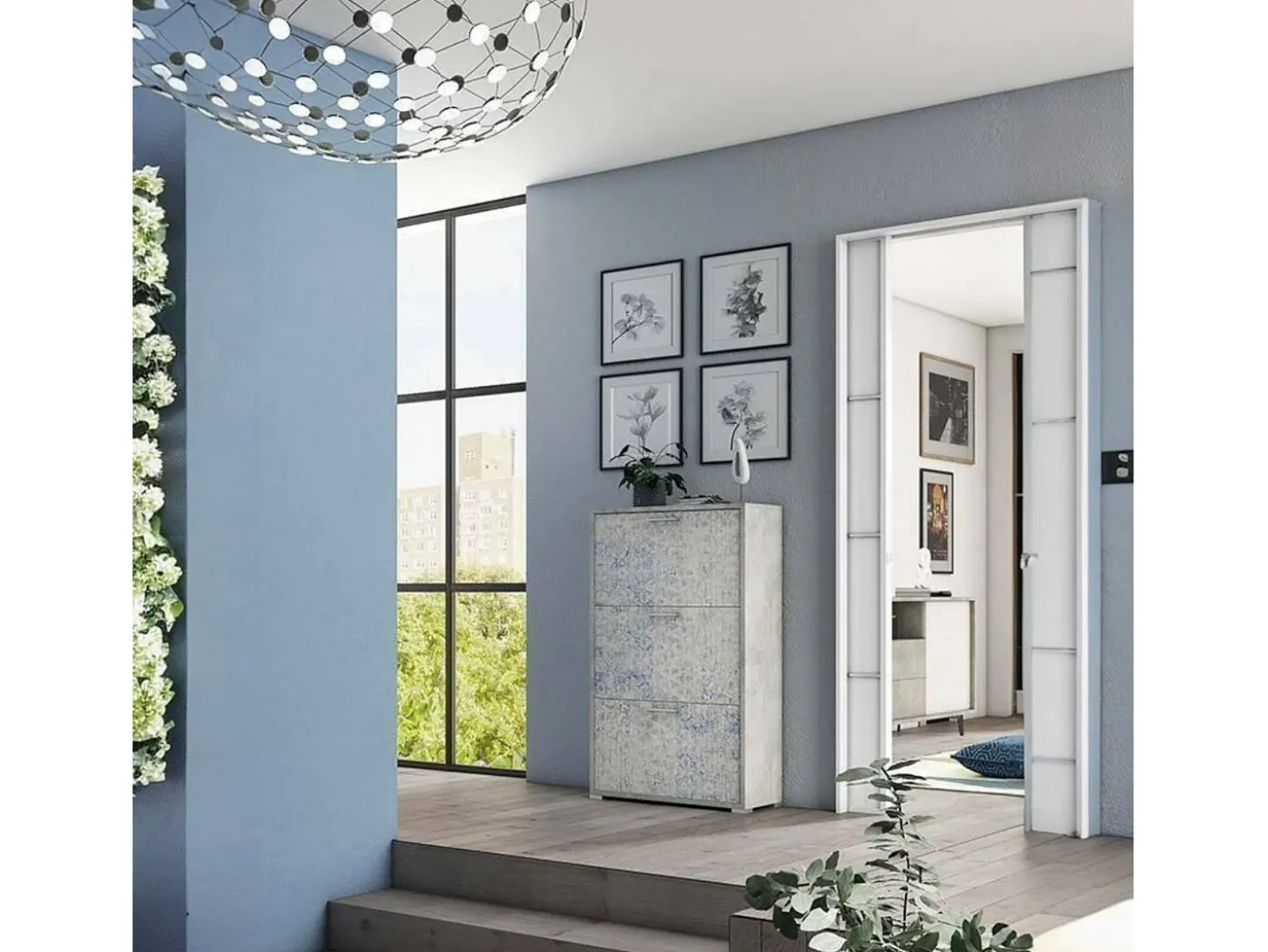 Sapateira Dlos, móvel de entrada multiuso com 3 portas sanfonadas, sapateira de dupla profundidade, 100% Fabricado na Itália, 67x28h112 cm, Cimento e Azul Claro