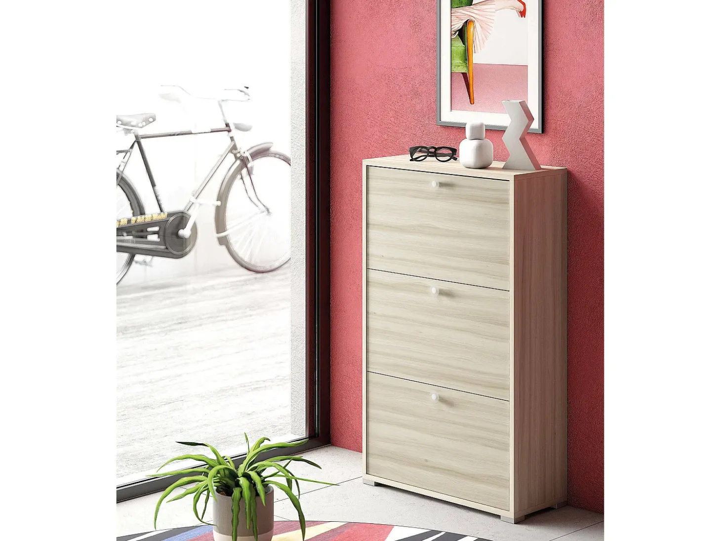 Sapateira Dlos, Móvel de entrada multiuso com 3 portas sanfonadas, Sapateira de dupla profundidade, 100% Fabricado na Itália, 67x28h112 cm, Olmo