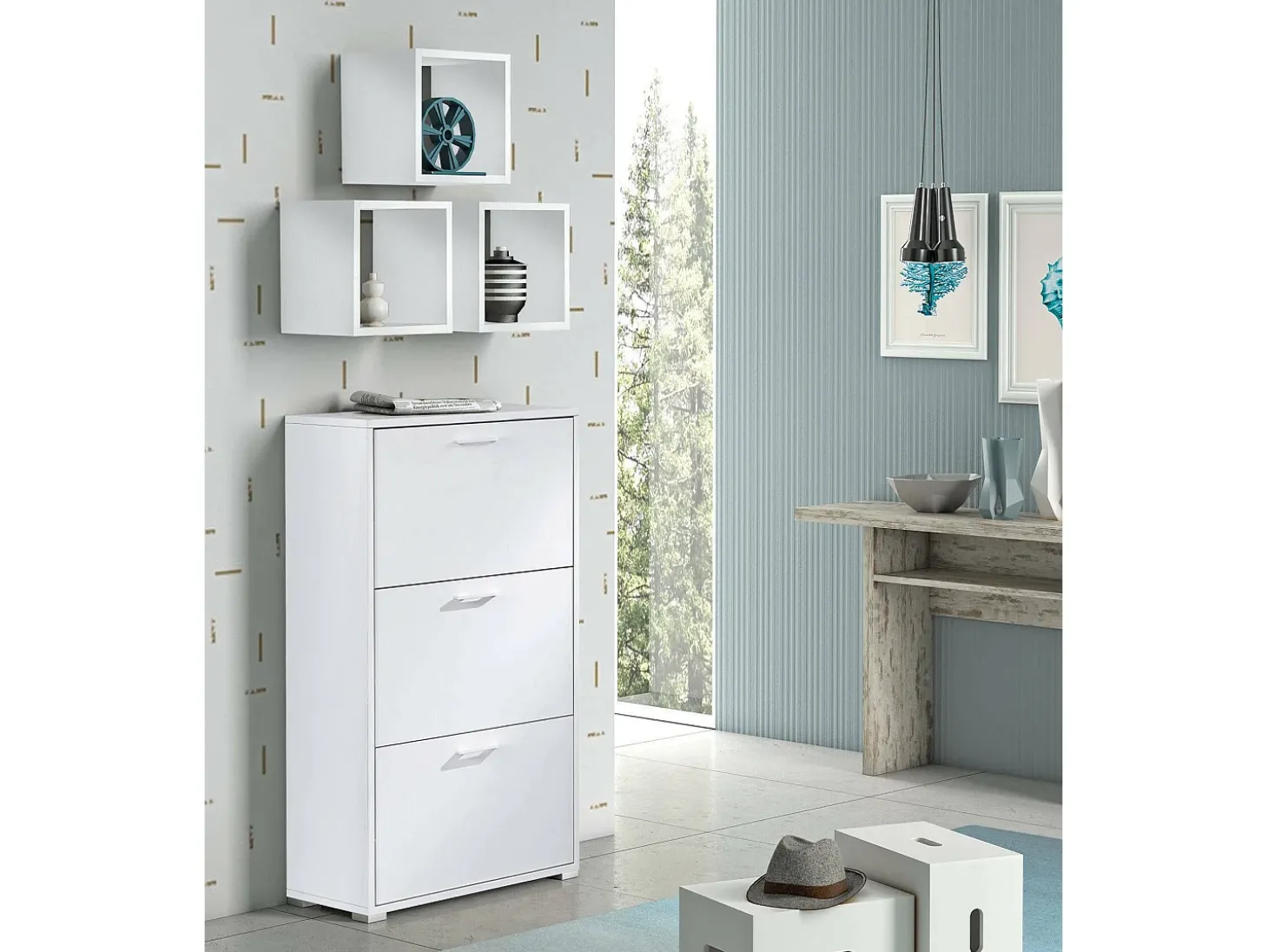 Sapateira Dlos, móvel de entrada multiuso com 3 portas sanfonadas, sapateira de dupla profundidade, 100% Fabricado na Itália, 67x28h112 cm, Branco