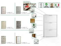 Sapateira Dlos, móvel de entrada multiuso com 3 portas sanfonadas, sapateira de dupla profundidade, 100% Fabricado na Itália, 67x28h112 cm, Branco e Cimento