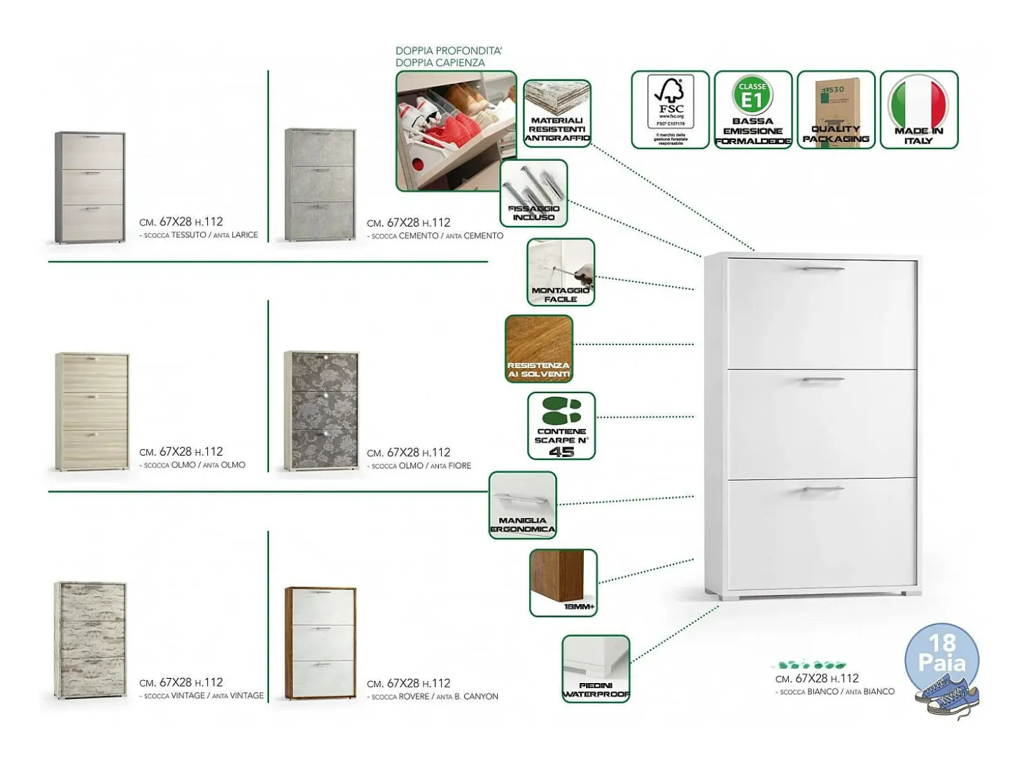 Sapateira Dlos, Móvel de entrada multiuso com 3 portas sanfonadas, Sapateira de dupla profundidade, 100% Fabricado na Itália, 67x28h112 cm, Lariço