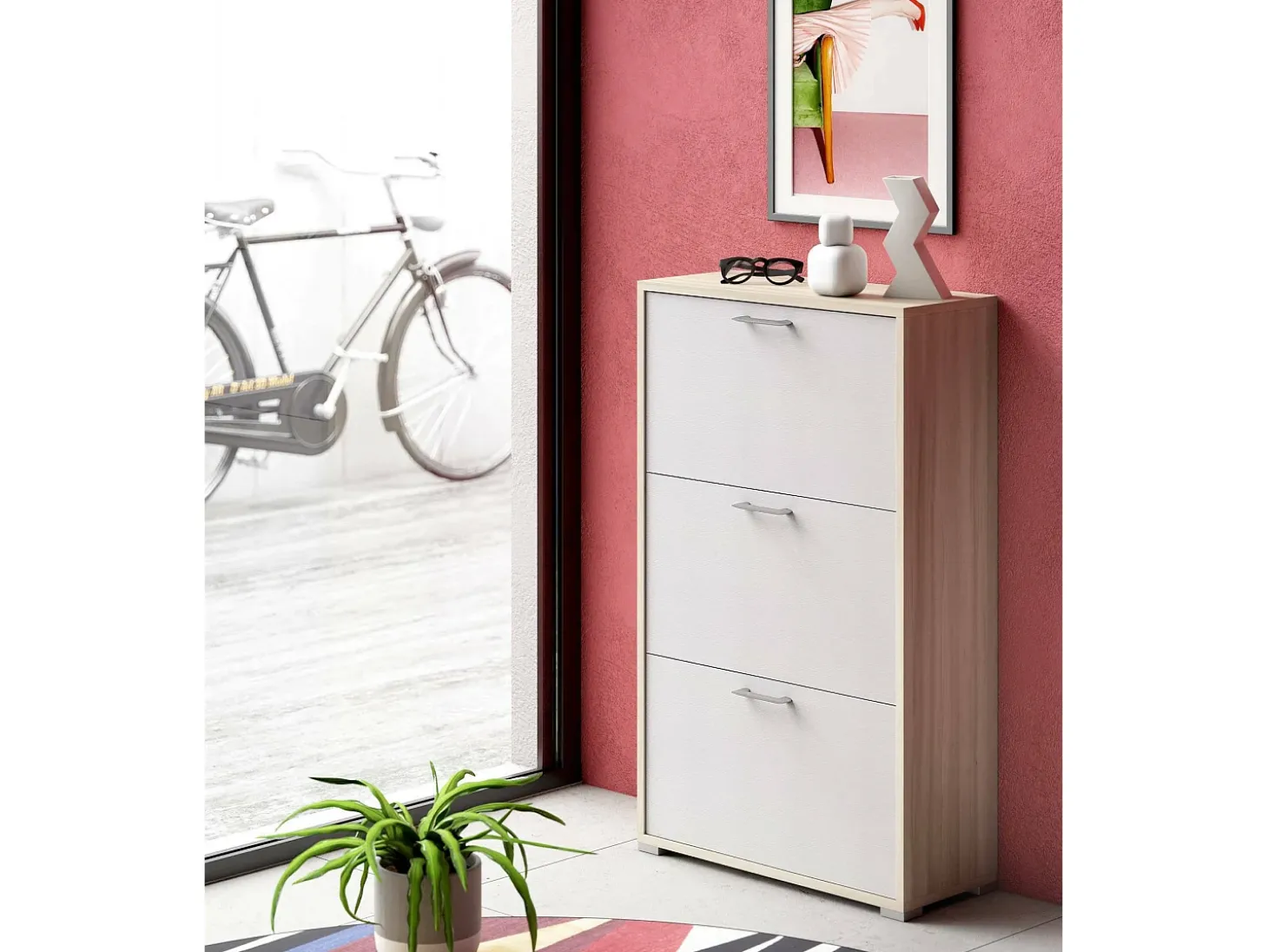 Sapateira Dlos, móvel de entrada polivalente com 3 portas sanfonadas, sapateira de dupla profundidade, 100% Fabricado na Itália, 67x28h112 cm, Branco e Olmo