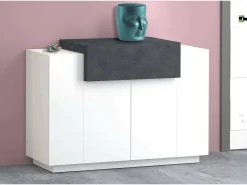 Sapateira Dlucc, armário multiuso com 2 portas e 1 porta sanfonada, sapateira de entrada, 100% Fabricado na Itália, 120x45h86 cm, branco brilhante e ardósia