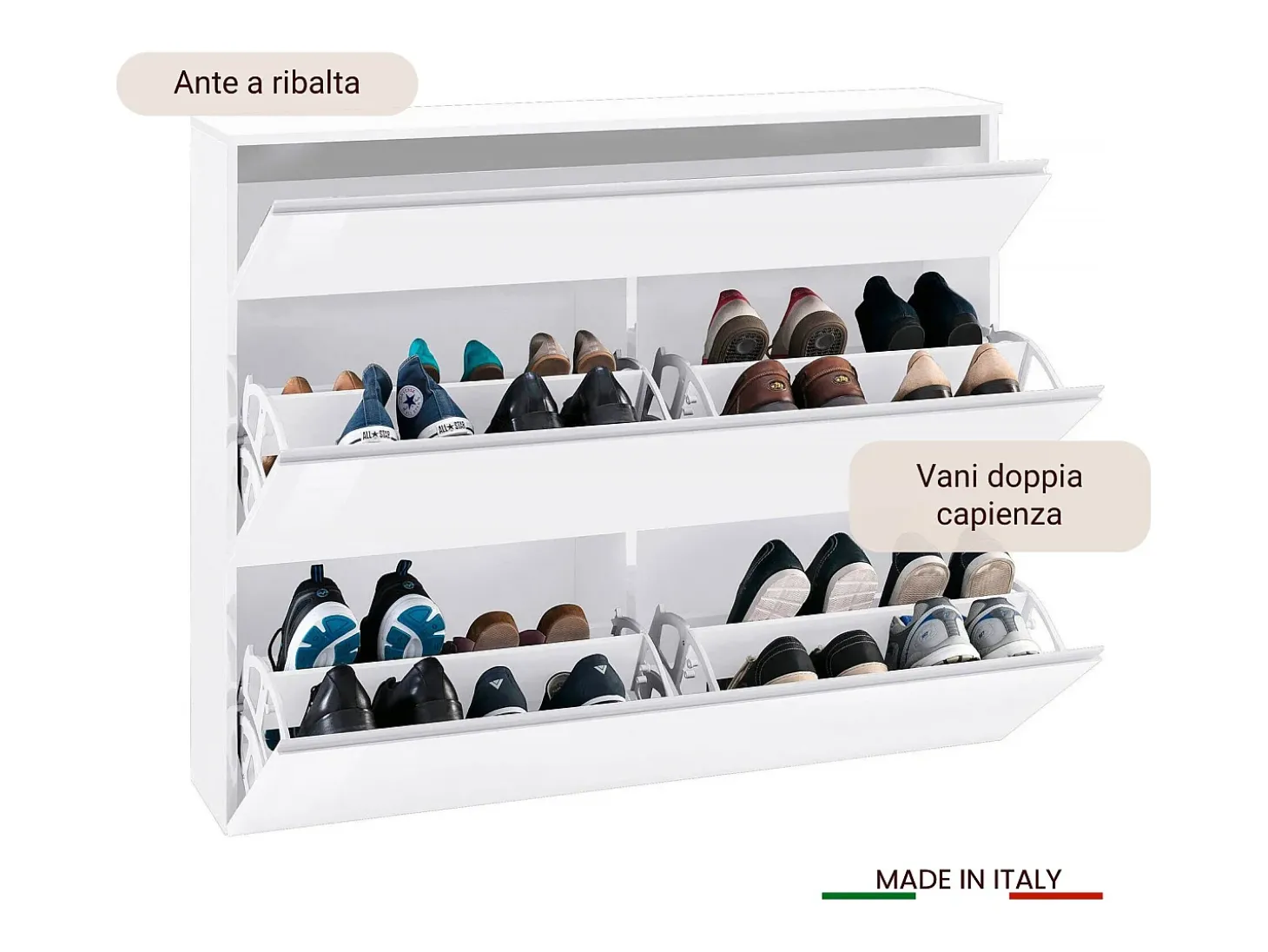 Sapateira Dlukak, Armário multiuso com 2 portas e 1 porta basculante, Sapateira de entrada, 100% Fabricado na Itália, 120x27h108 cm, Branco brilhante