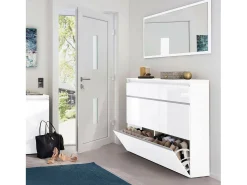 Sapateira Dlukak, Armário multiuso com 2 portas e 1 porta basculante, Sapateira de entrada, 100% Fabricado na Itália, 120x27h108 cm, Branco brilhante