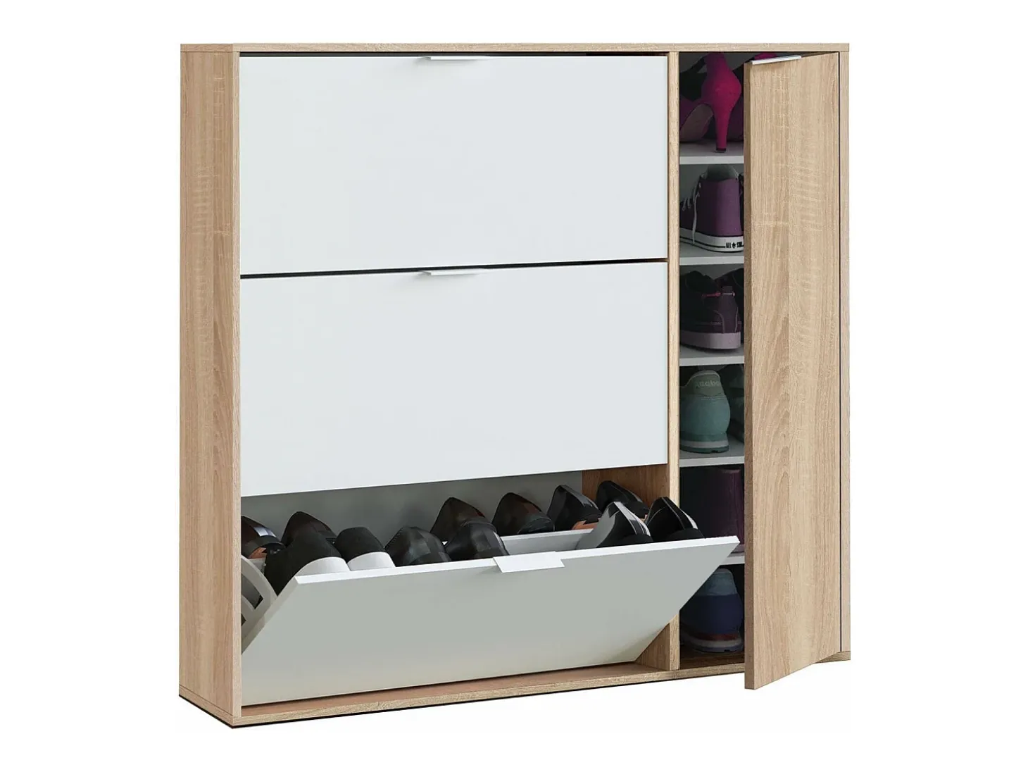 Sapateira Dmagnino, sapateira 4 portas, armário baixo multiuso com 5 prateleiras, sapateira moderna, 106x22h115 cm, Carvalho e Branco