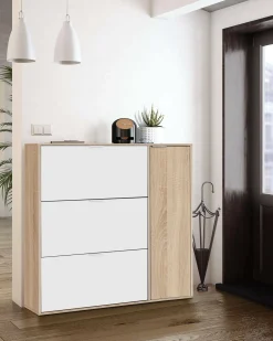 Sapateira Dmagnino, sapateira 4 portas, armário baixo multiuso com 5 prateleiras, sapateira moderna, 106x22h115 cm, Carvalho e Branco