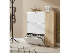 Sapateira Dmagnino, sapateira 4 portas, armário baixo multiuso com 5 prateleiras, sapateira moderna, 106x22h115 cm, Carvalho e Branco