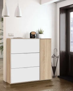 Sapateira Dmagnino, sapateira 4 portas, armário baixo multiuso com 5 prateleiras, sapateira moderna, 106x22h115 cm, Carvalho e Branco