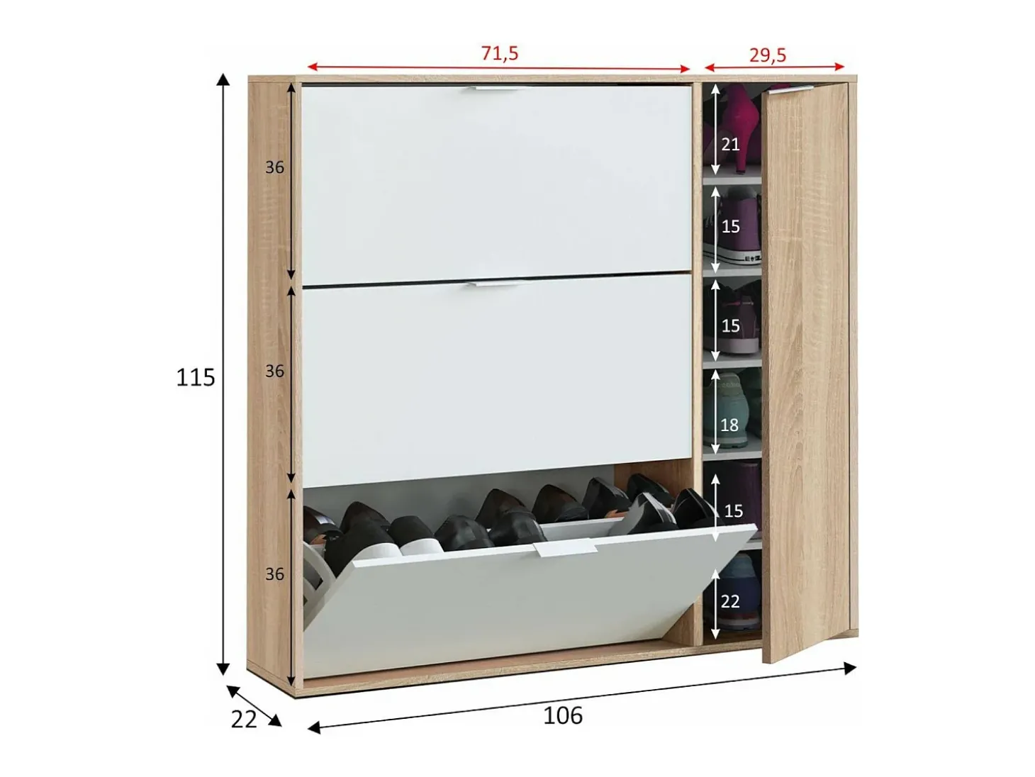 Sapateira Dmagnino, sapateira 4 portas, armário baixo multiuso com 5 prateleiras, sapateira moderna, 106x22h115 cm, Carvalho e Branco