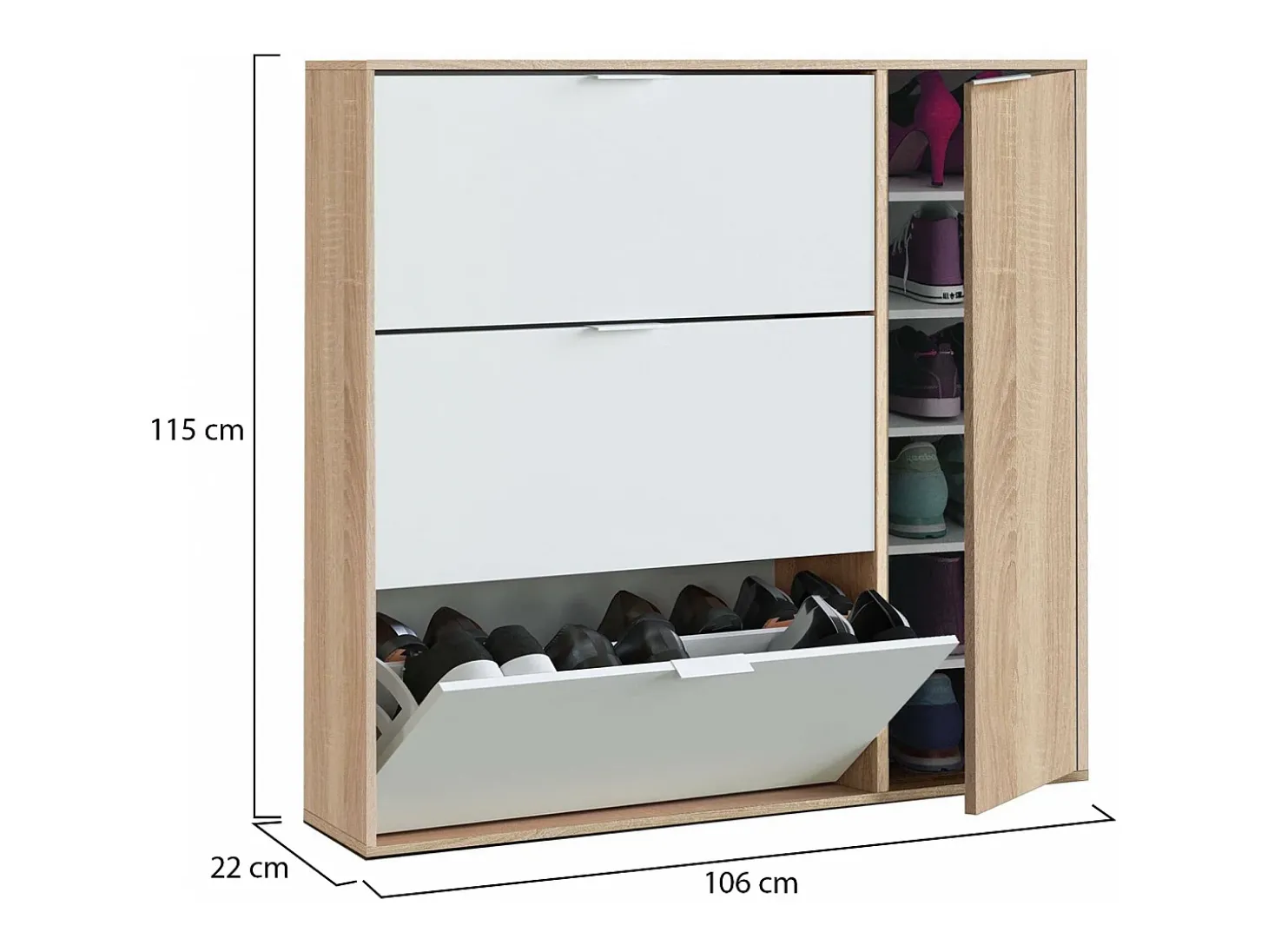 Sapateira Dmagnino, sapateira 4 portas, armário baixo multiuso com 5 prateleiras, sapateira moderna, 106x22h115 cm, Carvalho e Branco