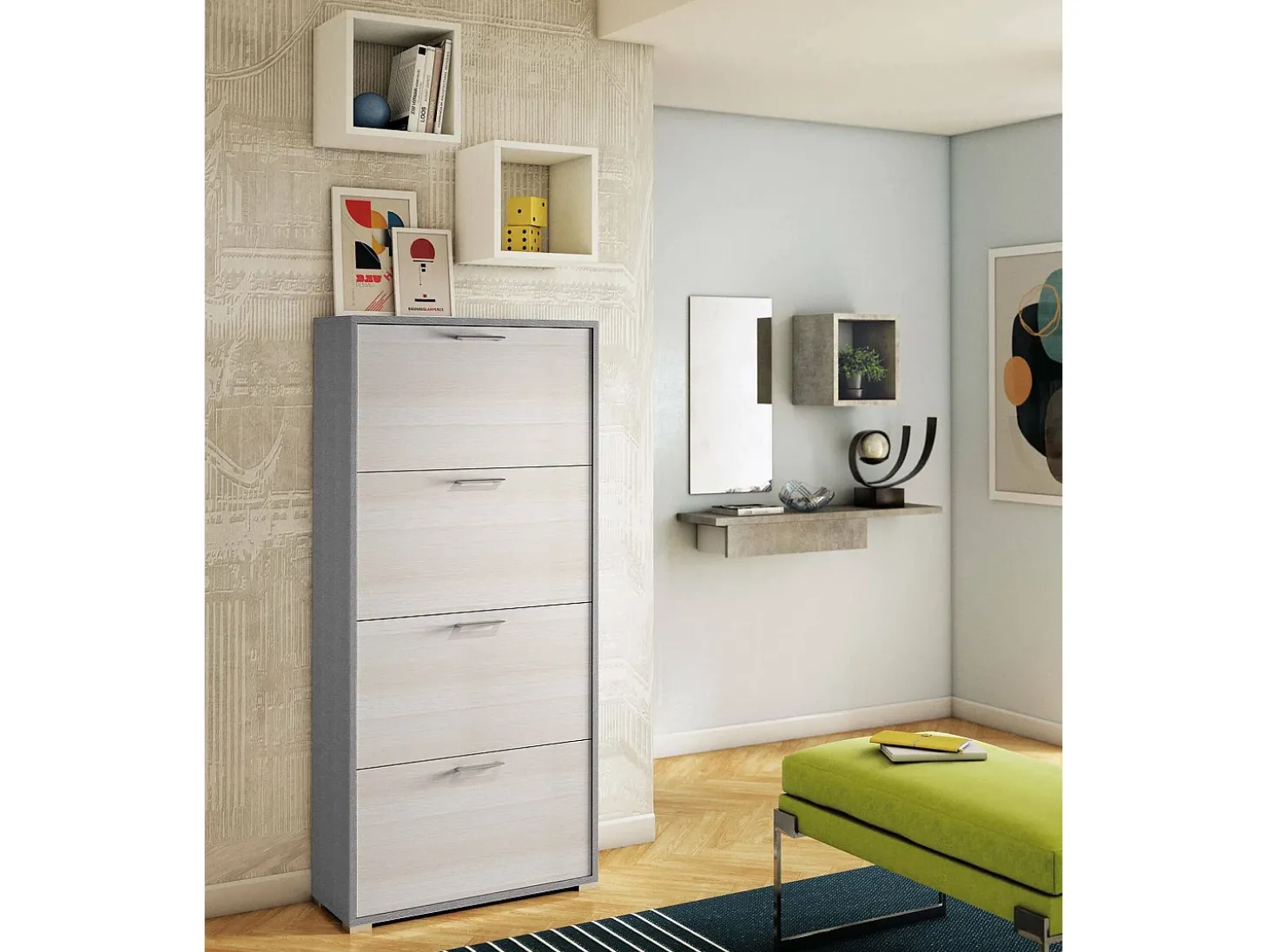 Sapateira Dmarcat, móvel de entrada multiuso com 4 portas sanfonadas, sapateira de dupla profundidade, 100% Fabricado na Itália, 67x28h147 cm, Lariço