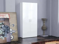 Sapateira Dmelus, Armário multiuso com 2 portas e prateleiras internas, Sapateira de entrada, 100% Fabricado na Itália, 91x33h190 cm, Branco brilhante
