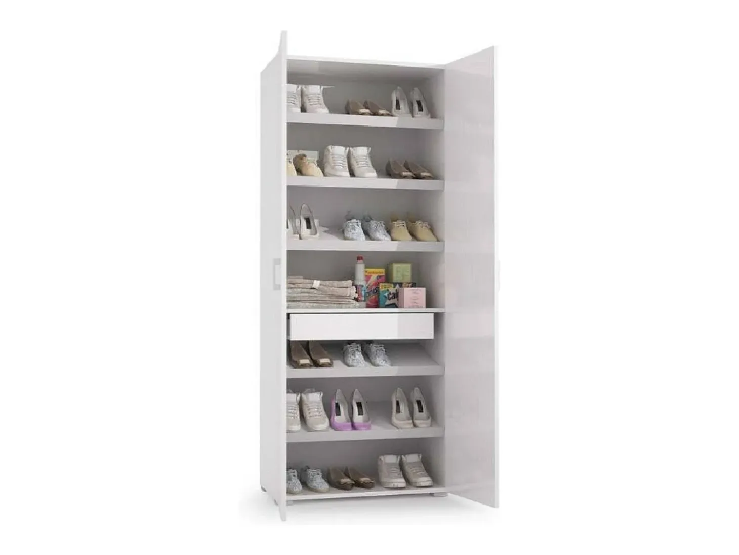 Sapateira Dminiat, móvel de entrada multiuso com porta espelhada, sapateira moderna com 6 prateleiras, 100% Fabricado na Itália, 72x37h195 cm, Branco e Cimento
