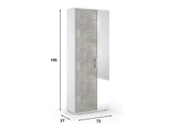Sapateira Dminiat, móvel de entrada multiuso com porta espelhada, sapateira moderna com 6 prateleiras, 100% Fabricado na Itália, 72x37h195 cm, Branco e Cimento