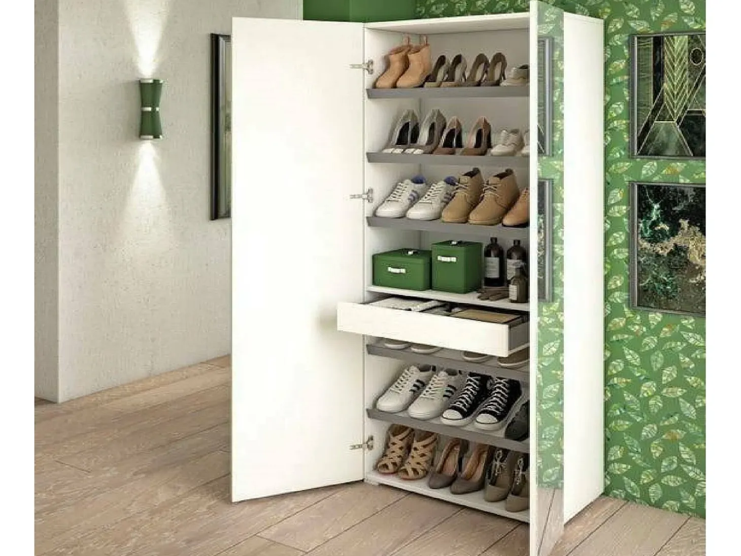 Sapateira Dminiat, móvel de entrada multiuso com porta espelhada, sapateira moderna com 6 prateleiras, 100% Fabricado na Itália, 72x37h195 cm, Branco e Cimento