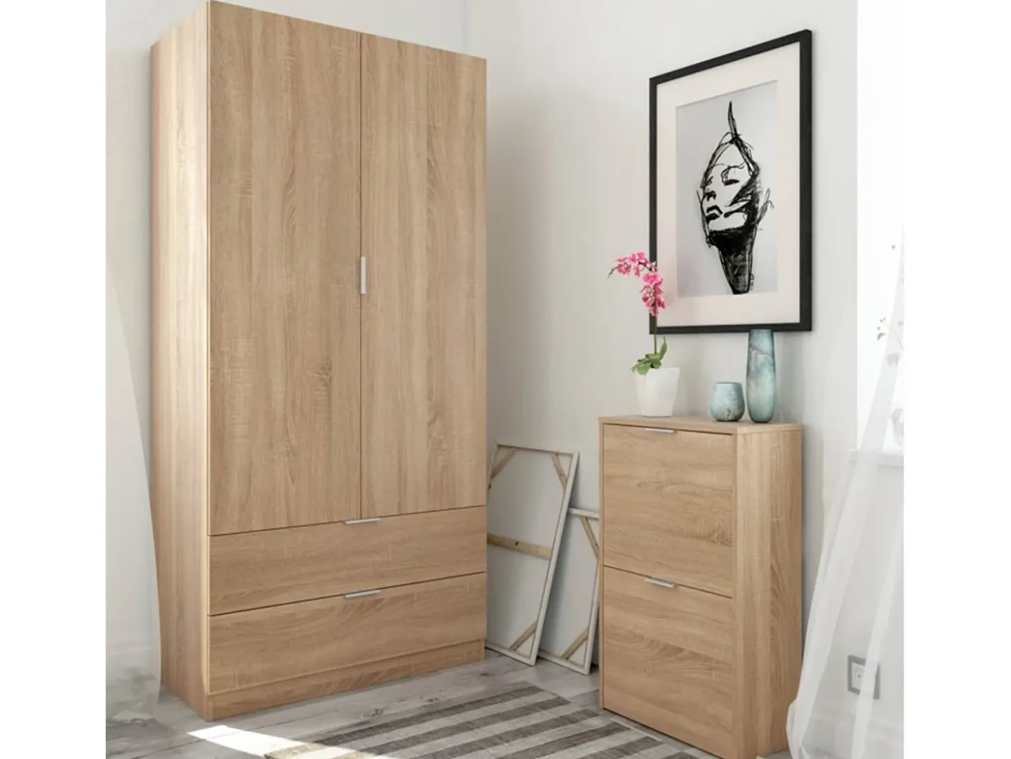 Sapateira Dmoretto, Sapateira que economiza espaço com 2 portas, Sapateira de entrada, Guarda-roupa de sapateira, 50x22h76 cm, Carvalho