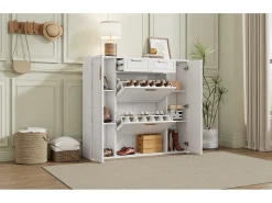 Sapateira dobrável - 120 x 24 x 107 cm - com 2 gavetas + 2 portas + prateleiras reguláveis ​​- MDF + metal - branco