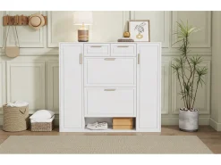 Sapateira dobrável - 120 x 24 x 107 cm - com 2 gavetas + 2 portas + prateleiras reguláveis ​​- MDF + metal - branco