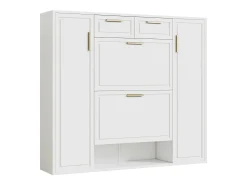 Sapateira dobrável - 120 x 24 x 107 cm - com 2 gavetas + 2 portas + prateleiras reguláveis ​​- MDF + metal - branco