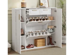 Sapateira dobrável - 120 x 24 x 107 cm - com 2 gavetas + 2 portas + prateleiras reguláveis ​​- MDF + metal - branco