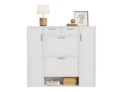 Sapateira dobrável - 120 x 24 x 107 cm - com 2 gavetas + 2 portas + prateleiras reguláveis ​​- MDF + metal - branco