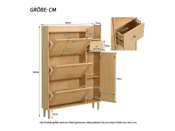 Sapateira em madeira e rattan com 3 portas e 1 gaveta, 90 x 17 x 125 cm Natural