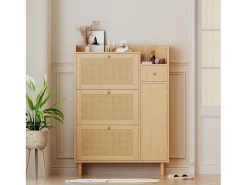 Sapateira em madeira e rattan com 3 portas e 1 gaveta, 90 x 17 x 125 cm Natural