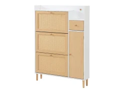 Sapateira em madeira e rattan, 3 portas e 1 gaveta, 90 x 17 x 125 cm, cor natural + branco