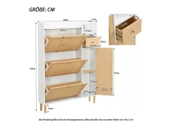 Sapateira em madeira e rattan, 3 portas e 1 gaveta, 90 x 17 x 125 cm, cor natural + branco