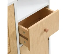 Sapateira em madeira e rattan, 3 portas e 1 gaveta, 90 x 17 x 125 cm, cor natural + branco