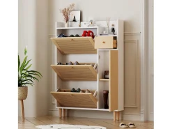 Sapateira em madeira e rattan, 3 portas e 1 gaveta, 90 x 17 x 125 cm, cor natural + branco