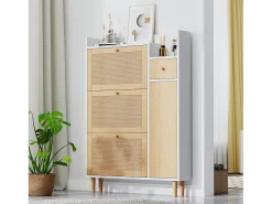 Sapateira em madeira e rattan, 3 portas e 1 gaveta, 90 x 17 x 125 cm, cor natural + branco