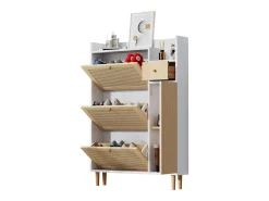 Sapateira em madeira e rattan, 3 portas e 1 gaveta, 90 x 17 x 125 cm, cor natural + branco