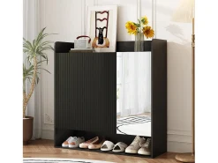 Sapateira listrada vertical - 110 x 35,5 x 110 cm - com espelho + 2 portas + prateleira - MDF + aglomerado - preta