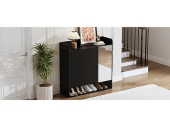Sapateira listrada vertical - 110 x 35,5 x 110 cm - com espelho + 2 portas + prateleira - MDF + aglomerado - preta