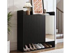 Sapateira listrada vertical - 110 x 35,5 x 110 cm - com espelho + 2 portas + prateleira - MDF + aglomerado - preta