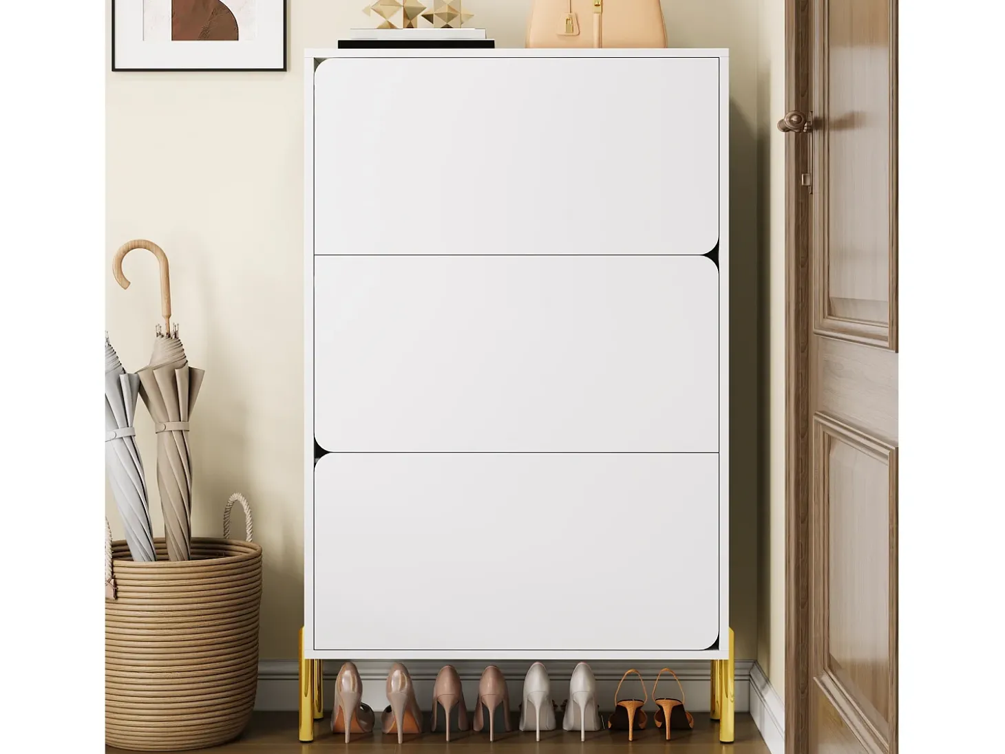 Sapateira minimalista moderna - 73 x 24 x 120 cm - com 3 portas - pés dourados - MDF - branca