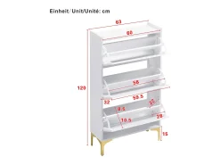 Sapateira moderna - 63 x 24 x 120 cm - com 3 portas + pés de metal - MDF - branca