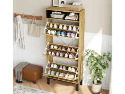 Sapateira moderna - 63 x 24 x 147 cm - com 3 portas + compartimentos adicionais - MDF - cor natural