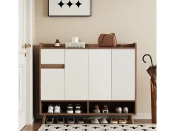 Sapateira moderna - 120 x 35 x 99 cm - com 4 portas + 1 gaveta + prateleira ajustável - aglomerado - natural + branco