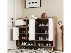 Sapateira moderna - 120 x 35 x 99 cm - com 4 portas + 1 gaveta + prateleira ajustável - aglomerado - natural + branco