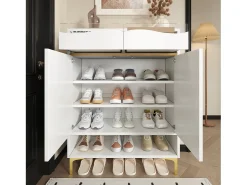 Sapateira moderna - 80 x 35 x 105 cm - com LEDs + 2 gavetas + prateleiras - MDF + aglomerado - branco