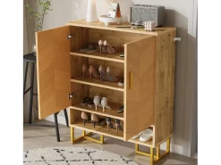 Sapateira moderna - 80 x 38 x 100 cm - padrão de madeira exclusivo - estrutura de ferro dourado - com 2 portas - MDF - cor natural